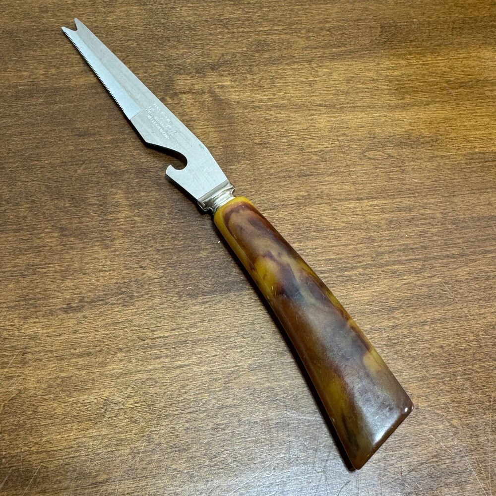Vintage Sheffield Bar Knife Bakelite Caramel Swirl Art Deco Bottle Opener